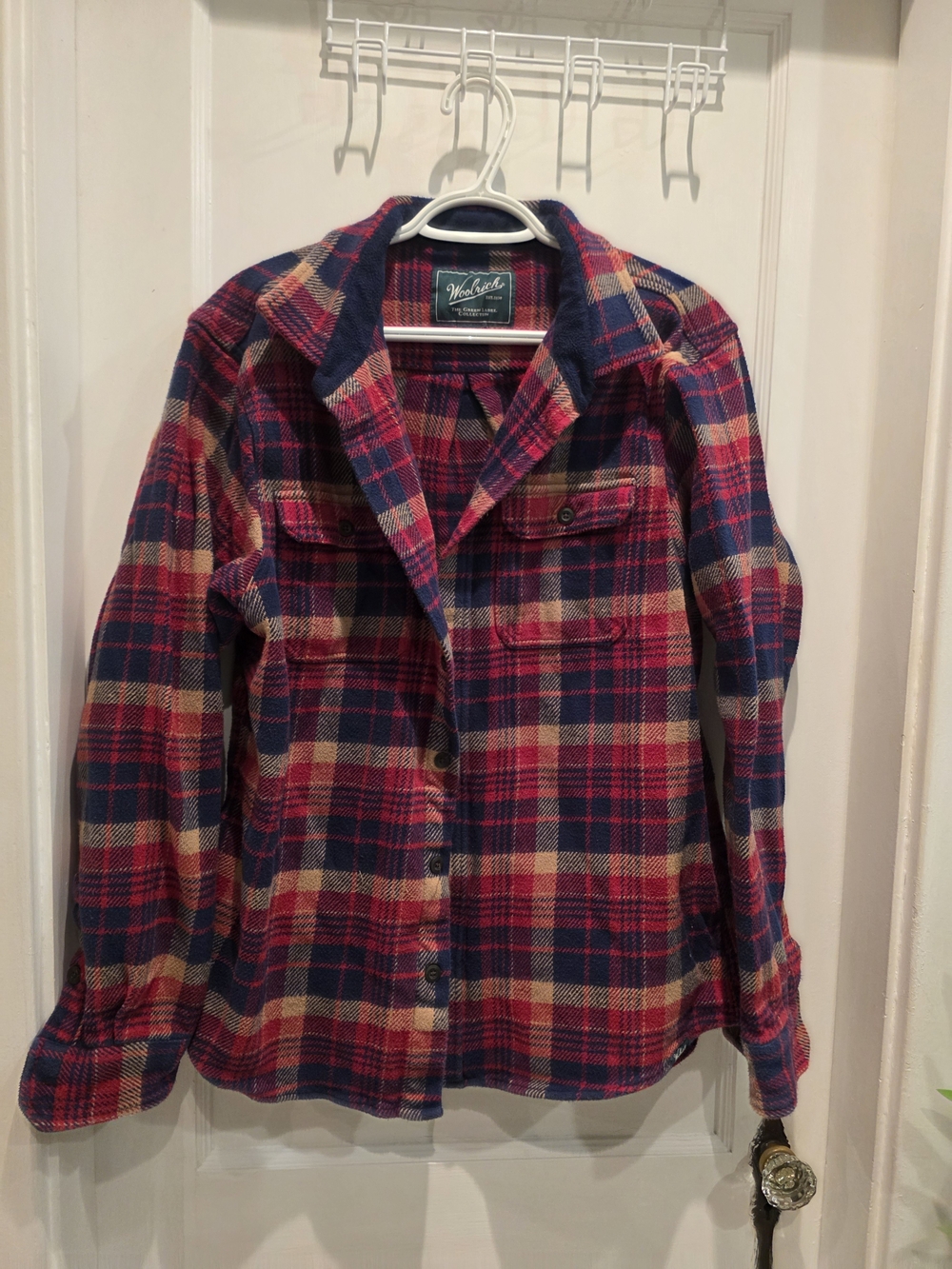 Woolrich Red Navy Plaid Shirt Jacket with Tan Accents